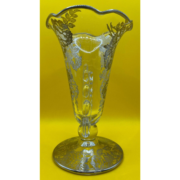 Vintage 1940s Heisey Glass Lariat Crimped Top Vase With Silver Overlay Roses - Picture 5 of 9